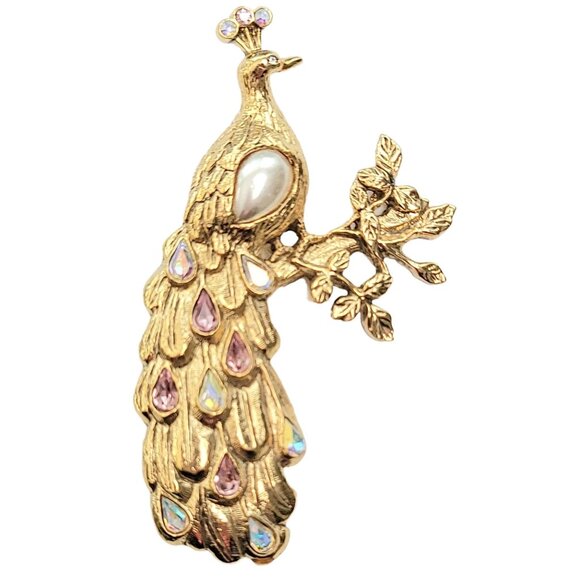 1928 Jewelry Gold Tone Faux Pearl Clear Rhinestone Peacock Brooch Pin - Picture 1 of 5